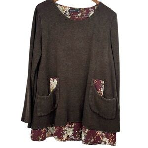 Zanzea Brown & Floral Print Layered Long Sleeve 2 Pocket BoHo Tunic XXXL